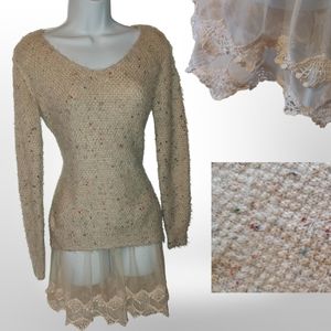 Altar'd State Sweater with Sheer Crotchet Lace Underlay, Size S/M, Cream…